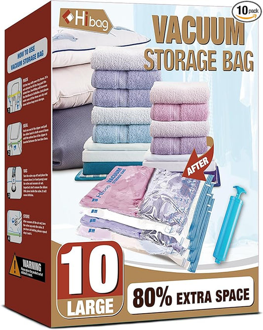 Vacuum Storage Bags, 10 Large Vacuum Seal Bags for Clothing | Extra Large XL, Airtight Triple Seal, Save 80% Space, Hand Pump, Work with Vacuum, Double Zip, Reusable, Easy to Use
