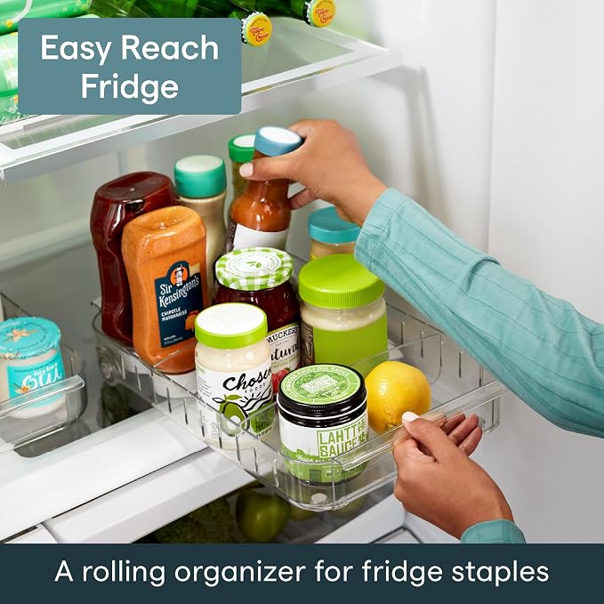 YouCopia RollOut Fridge Caddy BPA-Free Clear Rolling Refrigerator Organizer Bin with Adjustable Dividers and Handles, 9" Wide