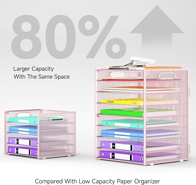 Cawukege 9 Tier Paper Organizer with Handle, Pink Large Capacity Desk Organizer Mesh File Folder Letter Paper Tray Desktop Document Sorter for Classroom, School, and Office Accessories Organization