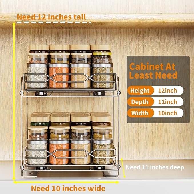 RCHYFEED Pull Out Spice Rack, 2 Tier Height Adjustable Vertical Spice Rack | Chrome,Tape or Screw Mount Available, Heavy Duty Sliding Spice Rack 9.2W x 10.4D x 9.8H, Fits Cabinets with or without Lip
