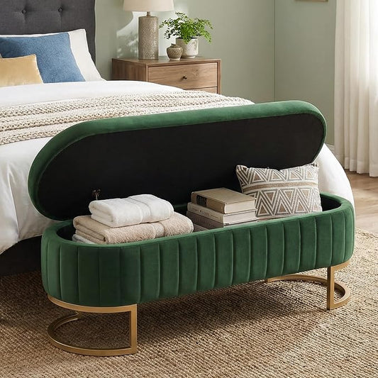 65" Velvet Storage Ottoman Bench End of Bed for Bedroom Entryway Green