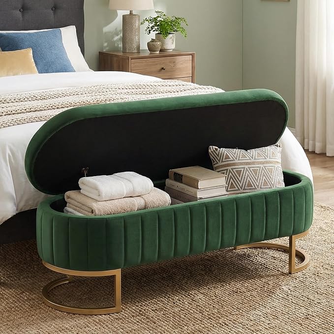 51" Velvet Storage Ottoman Bench End of Bed for Bedroom Entryway Green