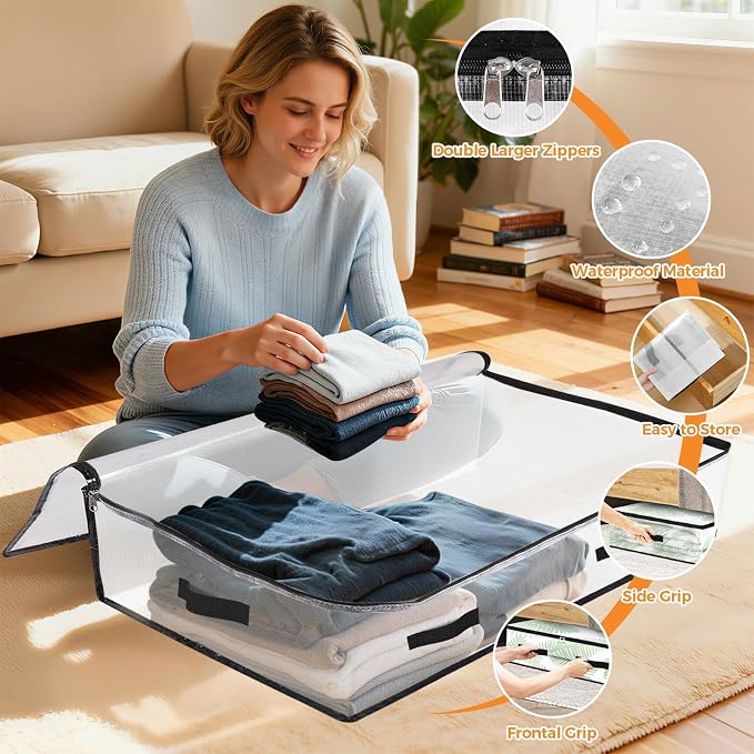 2 Pack Under Bed Storage Bags, 75L Foldable Clear Containers with Handles | Dual Zipper Storage Bins for Comforters, Bedding, Blankets, Closet Organizer for Clothes, Linen Sheets, Sweaters