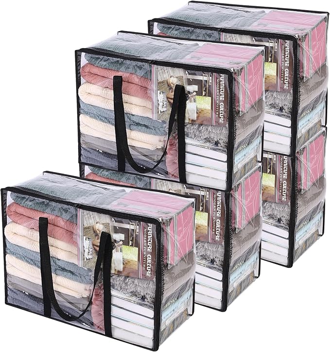Vieshful 5 Pack Clear Clothes Storage Bags with Zipper 40L | Plastic Storage Bag, Foldable Closet Organizer, For Comforter Blanket Bedding Duvet Toys, Moving Bags