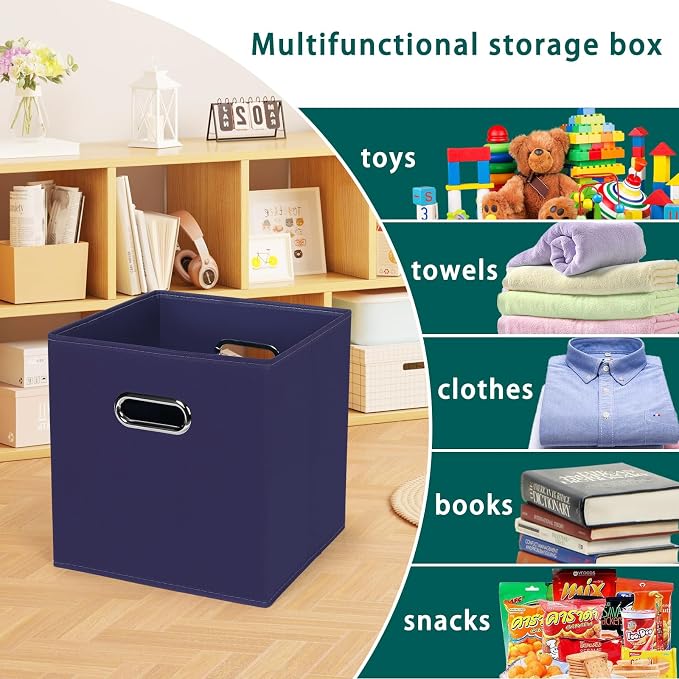 Black Foldable Storage Cubes Bins, Fabric Storage Box Cubes Organizer Baskets with Dual Handles for Home Organizer,Set of 3,(Navy Blue)