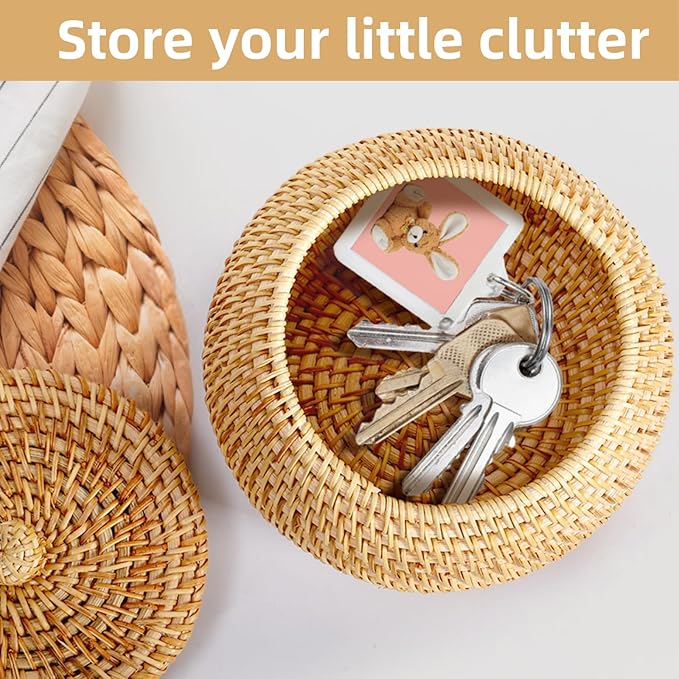 WRINGKIT Small Rattan Basket Box with Lid, Handmade Woven | Round Storage Basket, Multi-purpose Wicker Bowl, Decorative Farmhouse Basket Bin for Shelf, Home, Bathroom, Picnic