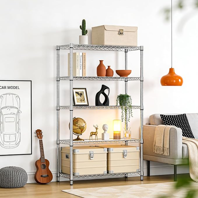 IZEUK 5-Tier Metal Storage Shelving Unit, Heavy Duty Chrome Wire Rack, Adjustable Shelves, 1750 lbs, 17.7" D x 47.2" W x 72.3" H, Garage Storage, Kitchen Pantry Organizer, Basement & Laundry Shelf