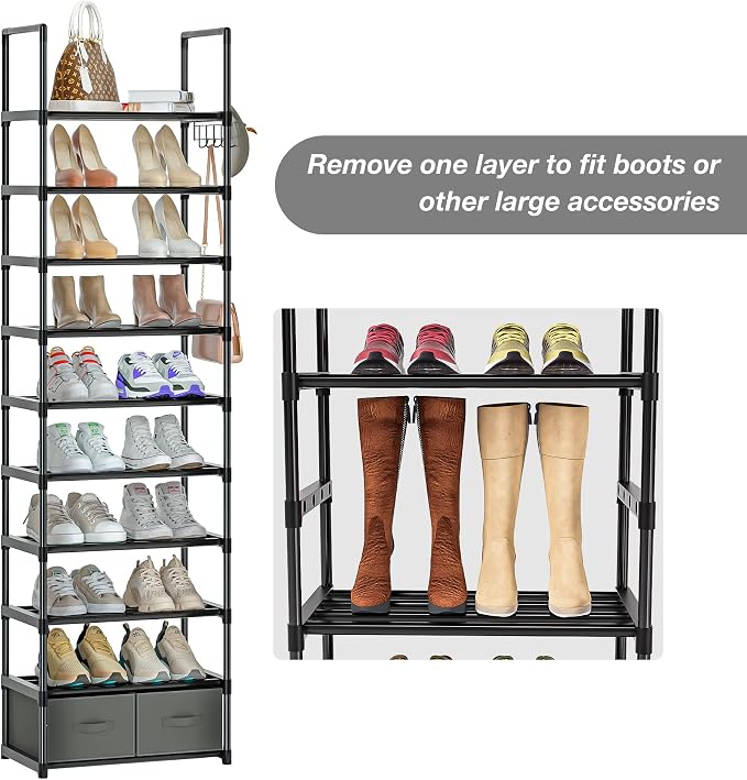 Tall Shoe Rack Narrow 10 Tier Shoes Rack 20 25 Pairs + 2 Boxes 1 Hook | Shoe Storage Organizer for Closet, Entryway, Living Room,Sturdy Metal Shoe Shelf Shoe Stand Closet Organizers and Storage