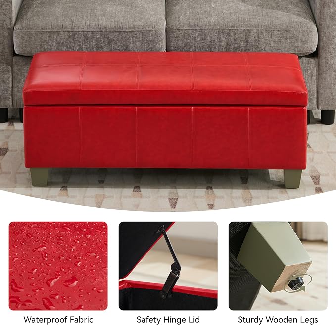 WUTUTUEE 41" Faux Leather Storage Ottoman, Stitch Tufted Rectangle Upholstered End of Bed Storage Bench, Entryway Large Couch Ottoman with Wooden Legs,Red