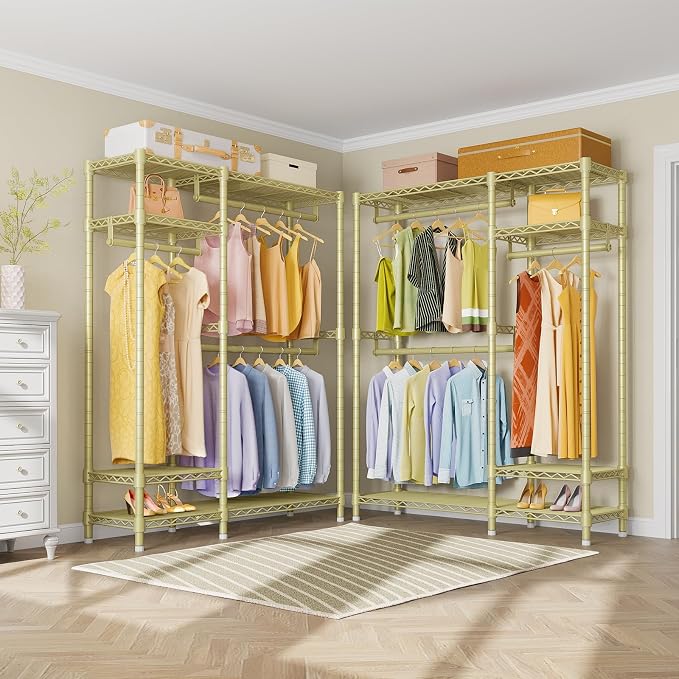 VIPEK V2 Heavy Duty Clothes Rack, Metal Closet Rack Organizer, Gold | Garment Racks with 4 Tiers Wire Shelving 3 Hanging Rods, Compact Freestanding Closet Metal Closet Rack, Max Load 700LBS