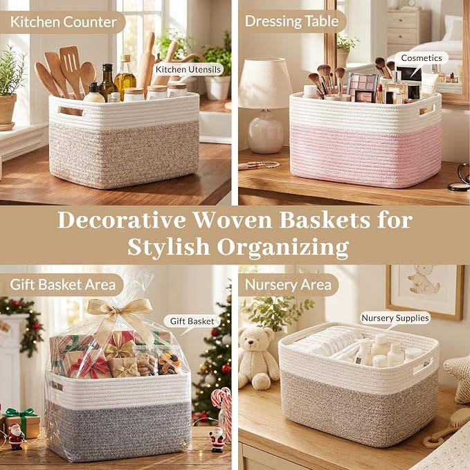 OIAHOMY 4 Pack Storage Basket, 13"x9"x7.8" Cotton Rope Baskets for Shelves, Closet Organizer for Bedroom & Living Room, Soft Decorative Bins for Organizing Towels, Books & Toys, Brown & White