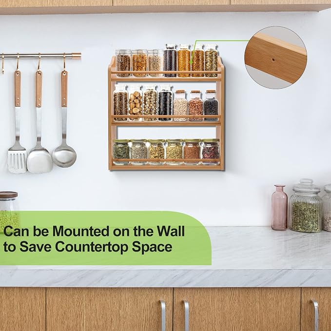 3 Tier Bamboo Spice Rack Wall Mount or Countertop,Spice Organizer | Seasoning Jars Rack Spice Shelf Organizer for Kitchen Counter or Wall Mounting