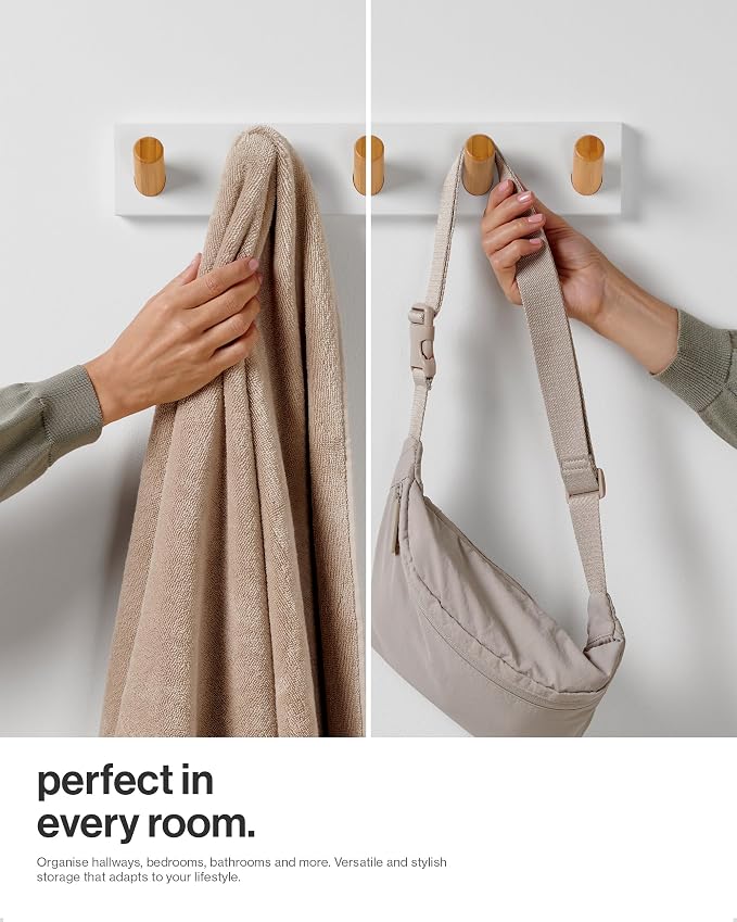 LARHN Wall Mounted Coat Rack, White with 5 Heavy-Duty 1" Diameter Hooks | (2-Pack), 16.5" - Wall Hook Rack - Modern Scandinavian Home Decor