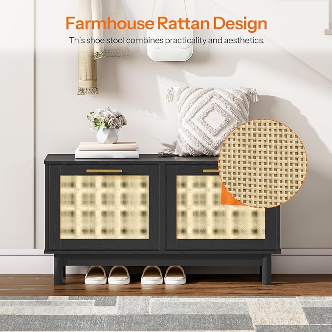 HOOBRO Rattan Shoe Storage Bench with Double Flip Drawers, Narrow Shoe Storage Organizer for Entryway, 11.8" D x 39.4" W x 20.9" H, Hidden Space Saving Wooden Shoe Cabinet for Hallway, Black BN51HX01