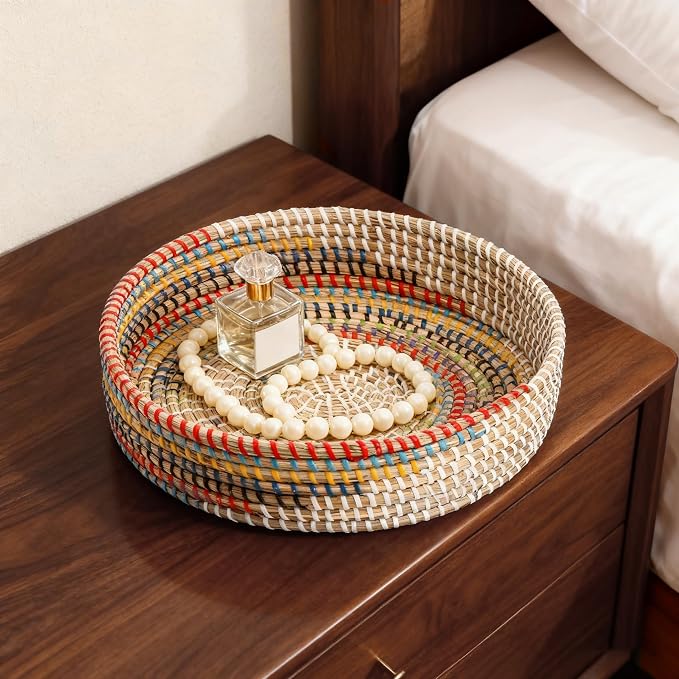 SOUJOY 12'' Woven Seagrass Serving Tray, Rattan Serving Tray, Handmade Round Ottoman Fruit Tray, Colorful Coffee Table Decorative Tray for Bread, Tea, Breakfast, Coffee, Drinks, Snack, Wall Decor