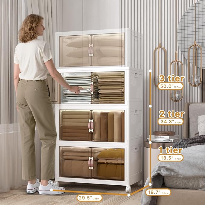 Stackable Storage Bins with Lids, 504QT Closet Organizers and Storage Cabinet with Doors & Wheels, Lockable Plastic Foldable Drawers for Bedroom Dorm Office Garage（168QT*3,White）