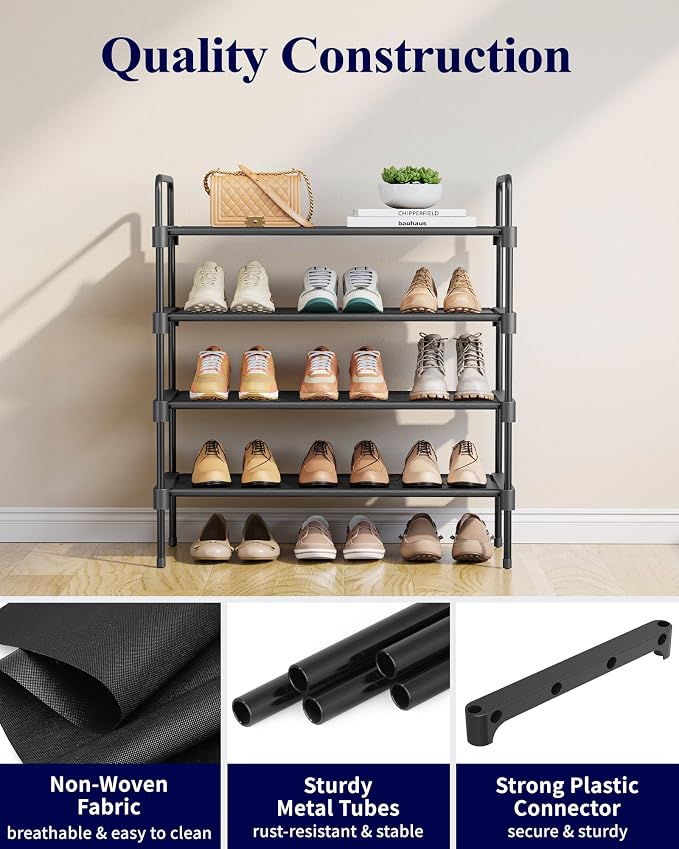 Kitsure Shoe Rack for Closet, 26.6" Wide - 4 Tiers, Black | Shoe Organizer for Front Door Entrance, Stackable Shoe Shelf, Closet Organizers and Storage