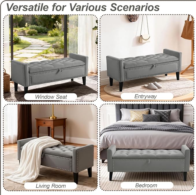 47in Velvet Storage Ottoman Bench with Arms, Upholstered Storage Bench with Wooden Legs, Storage Bench for Bedroom, Living Room, Dark Grey
