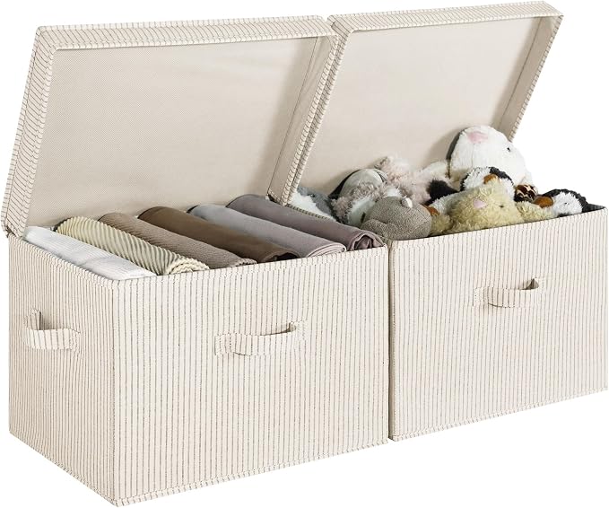 StorageWorks Fabric Storage Bins with Lid, Decorative Storage Boxes for Shelves, Stackable Closet Organizer Basket with Handles, Jumbo, Khaki and Beige Stripes, 2-Pack | Flip-Top Lid, 3 Handles, Collapsible, Stackable, for Clothes Blankets, Multi-Purpo...