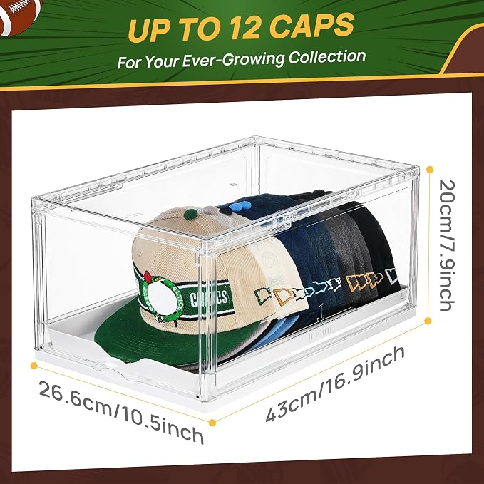 Vtopmart 6 Pack Stackable Baseball Caps Organizer, Each Holds 12 hats | with Sliding Drawer, Magnetic Door, Stackable, Transparent