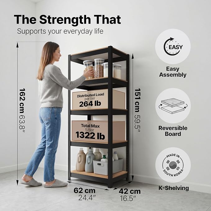House Black 24.1" W 5 Tier Storage Shelves Garage Shelving Unit | Adjustable boltless metal shelving for pantry, closet, kitchen, basement, garage and warehouse