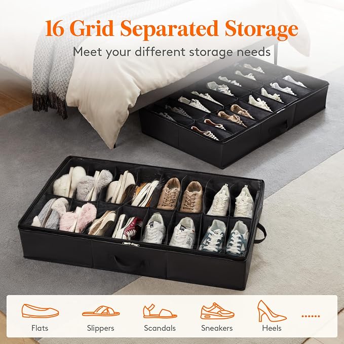 Lifewit Under Bed Shoe Storage Organizer 4 Pack(16 Shoes Cells), 4.3 Inches Profile Fabric Shoes Container Box with Clear Cover, Foldable Storage Bag with 2 Handles, Fits 32 to 64 Pairs
