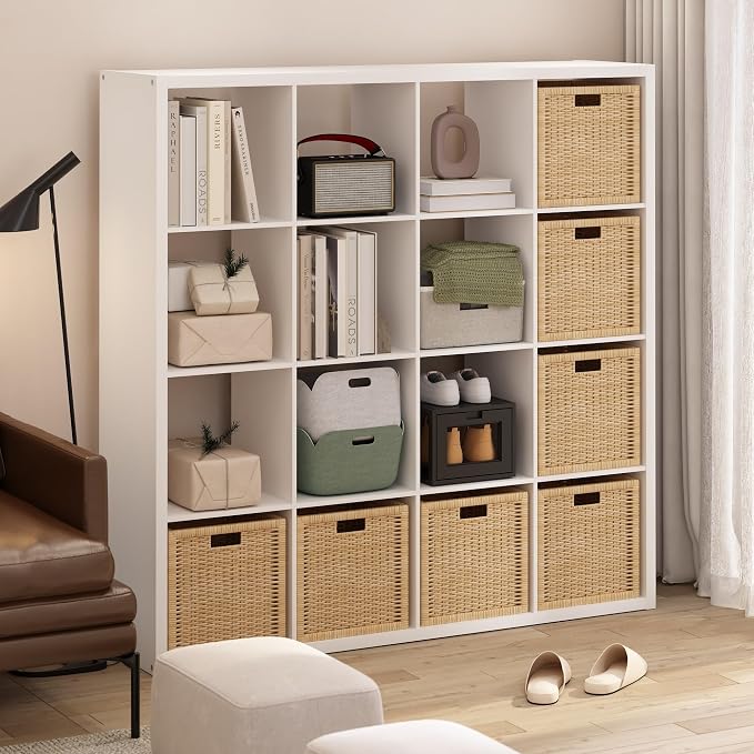Furinno Cubicle 16-Cube Book Shelf, Extra Thick Frame Bookshelf, White | 14.6" x 58" x 58", Reversible Bookcase with Open Back, for Living Room, Bedroom, Home Office