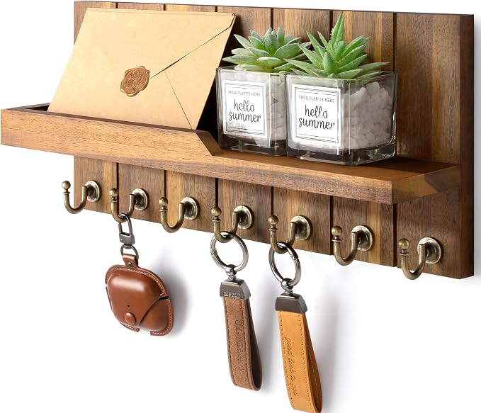 Rebee Vision Acacia Wood Key Holder Wall Mount for Home Decor, Brown | 3.54" x 15" x 7.28", 7 Key Hooks, Floating Shelf, Key Holder for Wall, Coat and Hat Storage, Rustic Home Organization