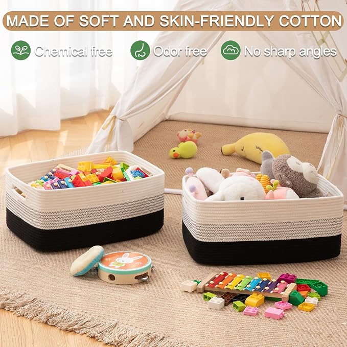 OIASKET Large Storage Basket for Organizing, Woven Rope Basket for Shelves, Closet Organizer Bins for Clothes, Blanket, Toys, Baby Nursery Storage, 17.7" x 13" x 7.87", 2 Packs Gradient Black