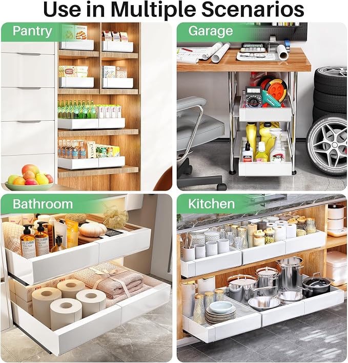 Pull out Cabinet Organizer, Wider Expandable(14"-24") Heavy Duty Slide out Drawers Fixed with Adhesive Nano Film for Pots, Roll out Shelf Storage for Kitchen Cabinet Organization(White-2pcs)(3 Rails)