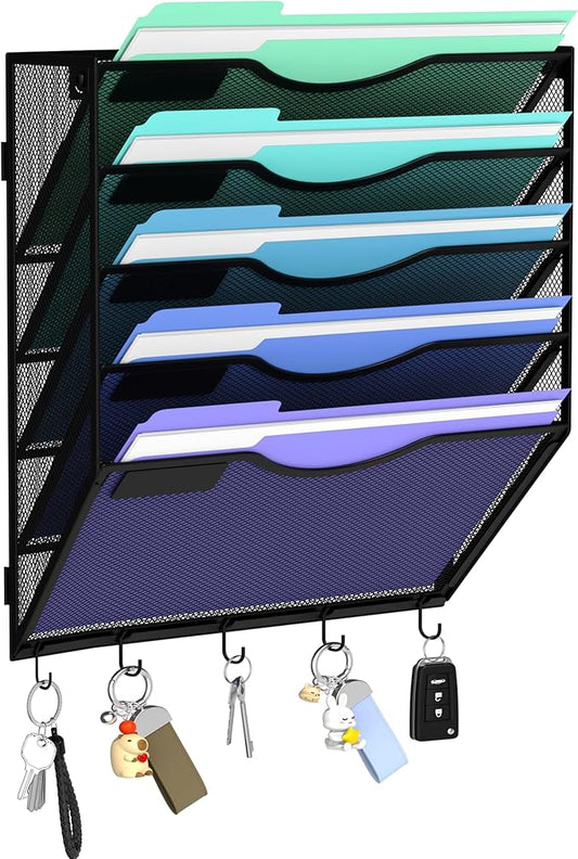 Gawerk Hanging Wall File Organizer with 5 Hooks - Wall Mounted Mail Paper Document Folder Holder, Sturdy Mesh Magazine Rack for Office Home (5 Tier)