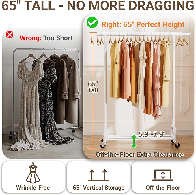 Heavy Duty Rolling Clothing Rack, 450 lbs Capacity Metal Clothes Rack with Wheels, 65" Tall Freestanding Hanging Rack for Bedroom, Laundry Room, Retail Display, White