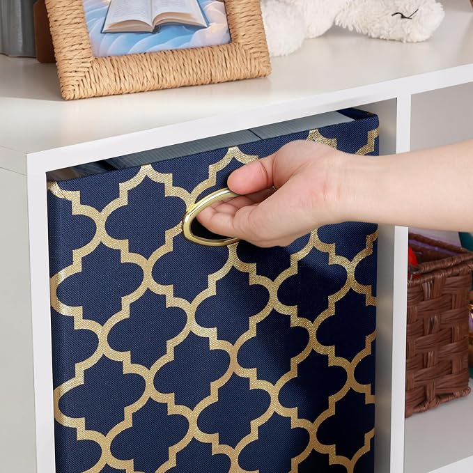 Posprica 11x11x11 Storage Cube Bins, Collapsible Storage Bins Fabric Storage Cubes Organizer Baskets Box Drawers for Shelves, Closet, Wardrobe, Bookshelf, Cabinet Blue/Gold Lantern, 4 Pack