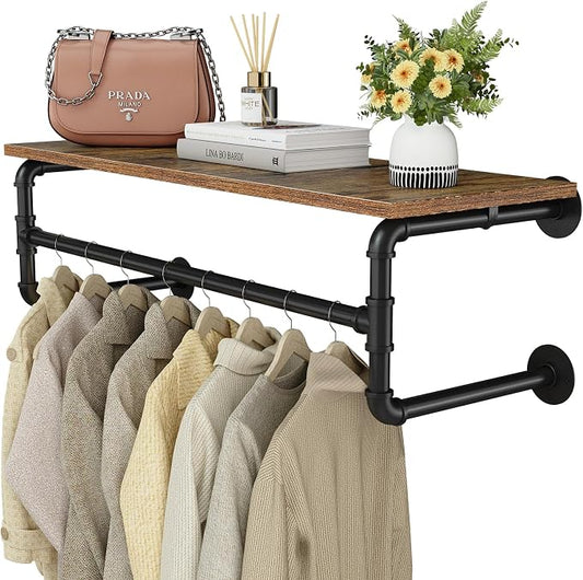 Clothes Rack with Top Shelf, 29.1in Industrial Pipe Wall Mounted Garment Rack, Space-Saving Display Hanging Clothes Rack, Heavy Duty Detachable Multi-Purpose Hanging Rod for Closet Storage