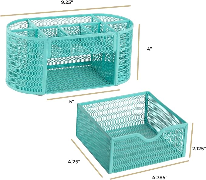 BLU MONACO Aqua Desk Organizer | Metal Stationery Holder With Drawer and Eight Compartments | Desktop Storage for Home Office or Study Space | 4.3”D x 9.3”W x 4”H Workspace Organizer