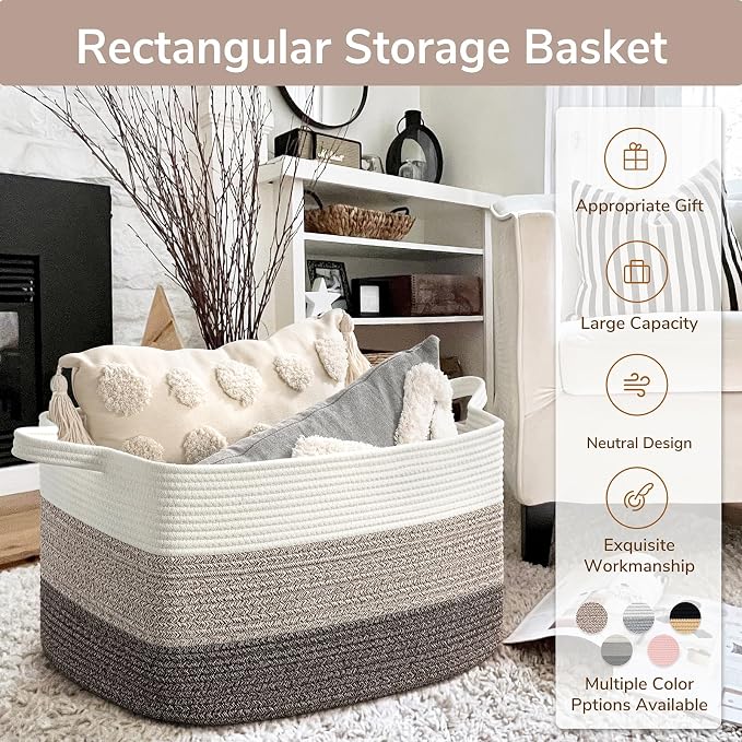 Goodpick Large Woven Blanket Basket, Rectangle Organizer, White Brown | 21.6 x 14.9 x 11.8 in, Reinforced Handles, Living Room, Bedroom & Nursery Organization, Blankets, Toys & Home Decor