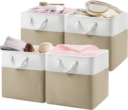 Patvingot 13-Inch Fabric Cube Storage Bins with Handles,4 Pack,Foldable | For cube shelves and closets,keeps grouped for everyday access,reinforced opening and fold-flat storage,white and khaki