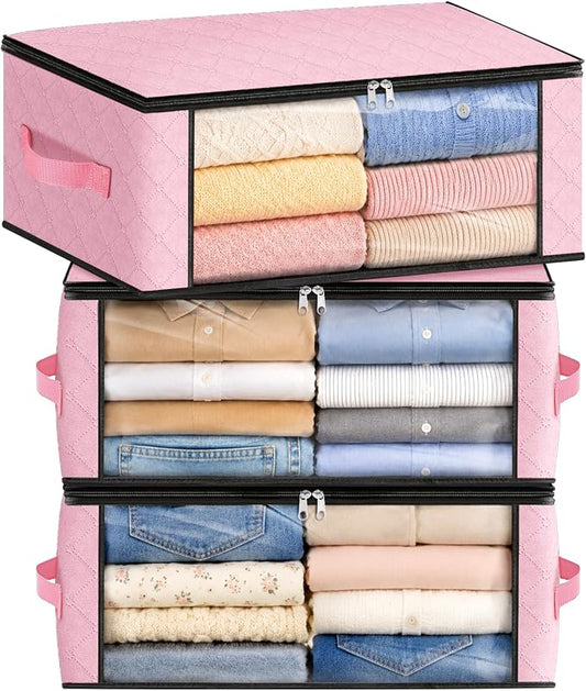 Fab totes 35L Closet Organizers and Storage, Foldable Under Bed Storage Containers, Storage bags for Organizing Bedroom, Closet, Clothing,Organization with Handle (3 Pack,Pink)