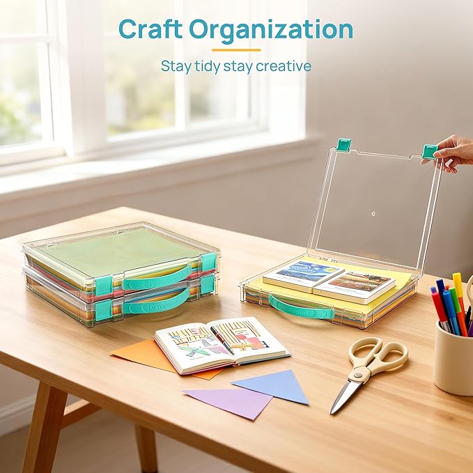 Vtopmart 10 Pack Board Game Storage with Handle and Snap-Tight Latch Lid | Clear Craft Organizer Fit 12" x 12" Papers, Stackable Storage Box for Scrapbook Storage, Art Supply Storage, Puzzle Storage