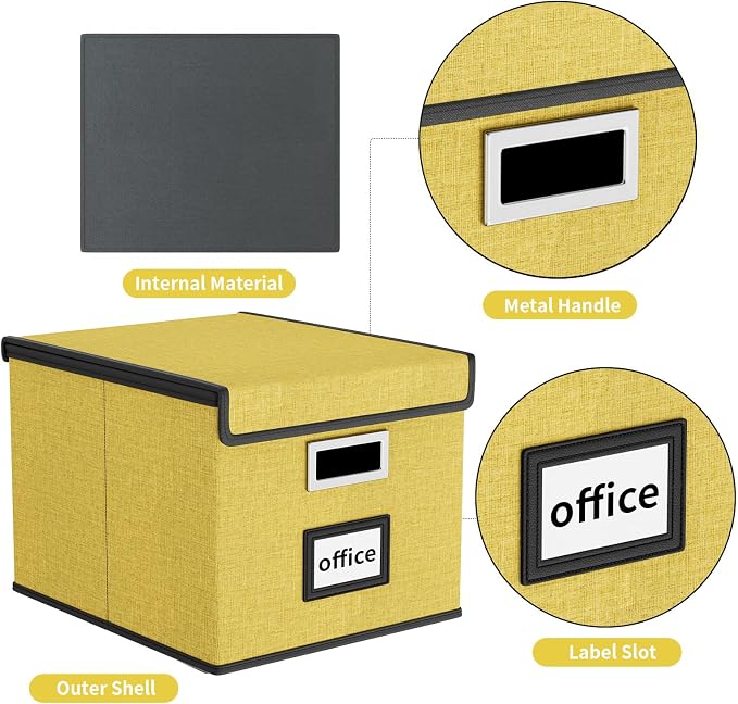 File Organizer Box with Lids, Collapsible File Folder Organizer | File Box with Plastic Slides for Office Document Storage, Filing Bin for Letter Size Hanging File Folders (1 Pack, Yellow)