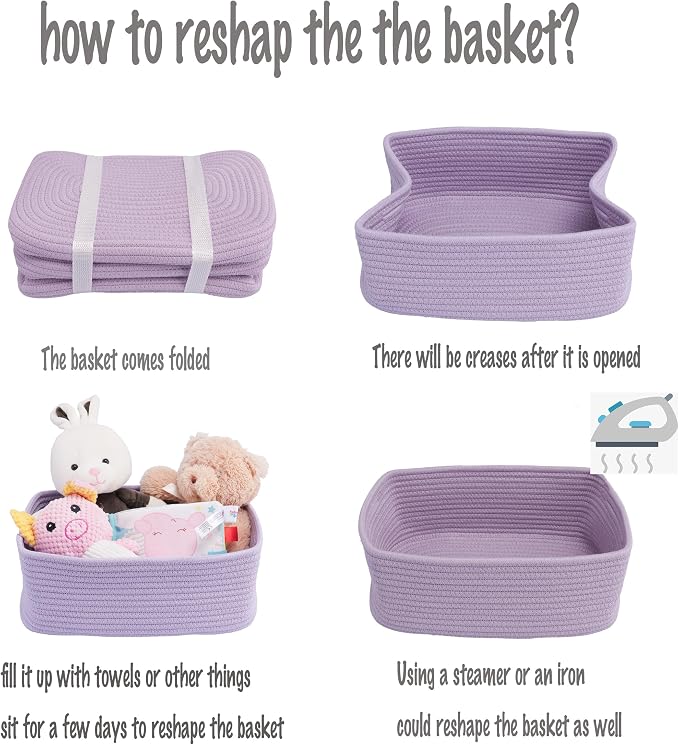 XUANGUO Small Woven Storage Baskets for Shelves, 13" x 9" x 5", Purple | Decorative rope storage bins for closets and toy storage; cute organizer baskets, empty gift baskets and nursery storage.