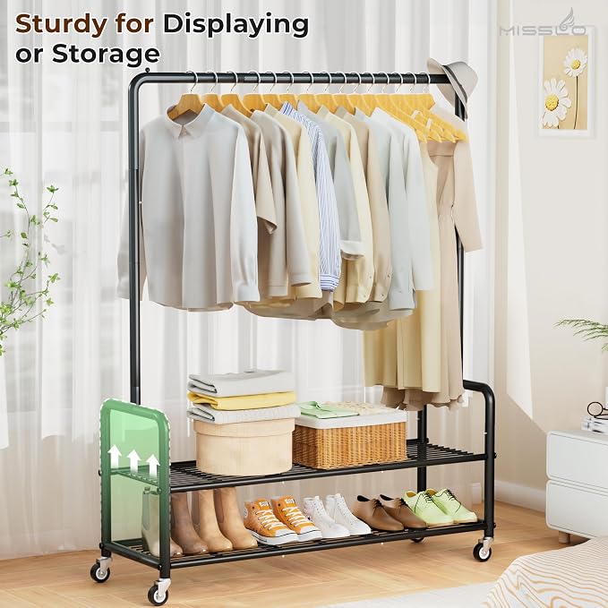 MISSLO Heavy Duty Clothes Rack with Shelves 46.5" Large Rolling Clothing Racks for Hanging Clothes, Garment, Coat, Black