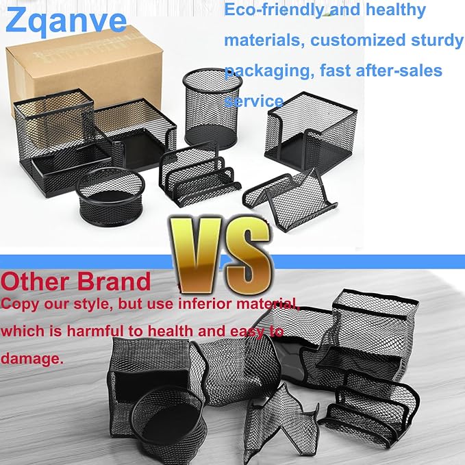 Desk Organizers set with Mesh Pen Holder Cup, 3 Compartments Black Office Supply Organizer Paper Clips Holder for Office Desk Accessories (6 Piece set, Black)
