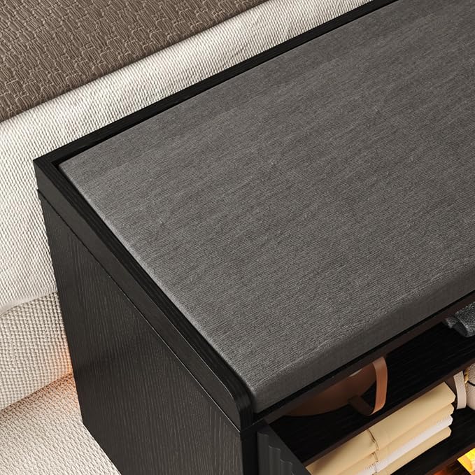 HOMEFORT 23.6" Fluted Shoe Storage Bench, Small Entryway Bench with Linen Seat Cushion, Shoe Cabinet Bench with Adjustable Shelf and Built-in LED Sensor Light, Bench for Bedroom End of Bed,Black