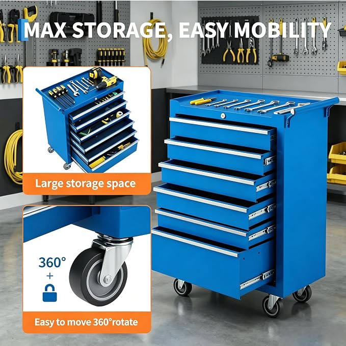 Garvee Rolling Tool Chest, 6 Drawers Tool Storage Cabinet, Toolbox with Wheels, Portable Tool Cabinet Organizer with Locking System & Drawer Liners, Tool Storage Cart for Garage, Workshop, Blue