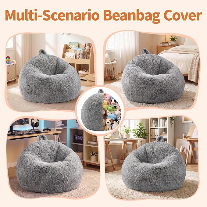 Stuffed Animal Storage Bean Bag Chair Cover, Soft Bean Bag Cover | Fluffy Faux Fur Stuffed Animal Storage Chair, Non-Slip Bottom, Fill with Plush Toys or Blankets, for Adults Teens Kids Girls