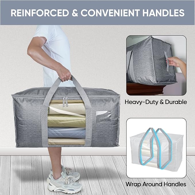 BALEINE 2-Pack Oversized Moving Bags with Reinforced Handles, Heavy-Duty Storage Tote Moving Supplies for Packaging, Camping (Gray w/Window, 2-Pack)