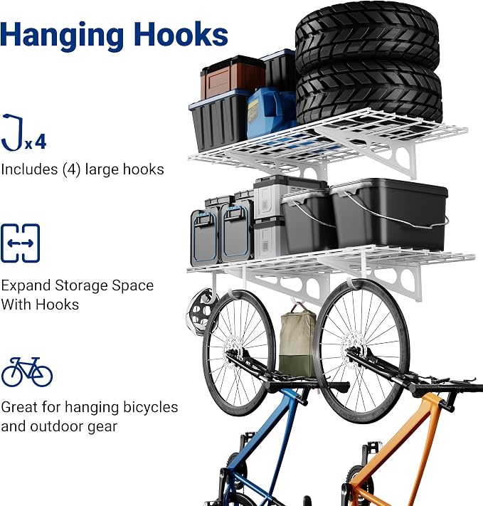 FLEXIMOUNTS 2-Pack 2x4ft Garage Shelving with Hooks, 600lbs Load, White | 24-inch-by-48-inch Wall Shelf Garage Storage Racks Floating Shelves, Rustproof Seamless Grid Design, Classic Series