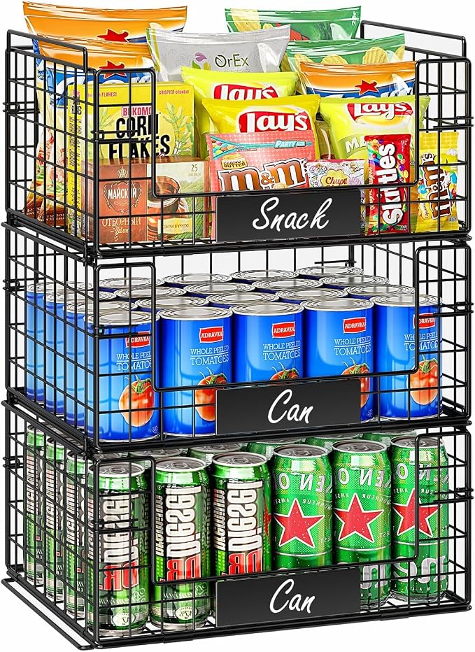 JKsmart 3 Pack XXL Stackable Wire Baskets, Pantry Organizers and Storage | Fruit Basket with Name Plates & Handles & Breathable Design, Muti-Purpose for Snack Rack & Metal Storage Bins & Can Organizer