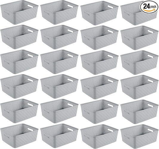 Sterilite 24 Pack Plastic Storage Bin Organization Containers, Short Baskets, Cement